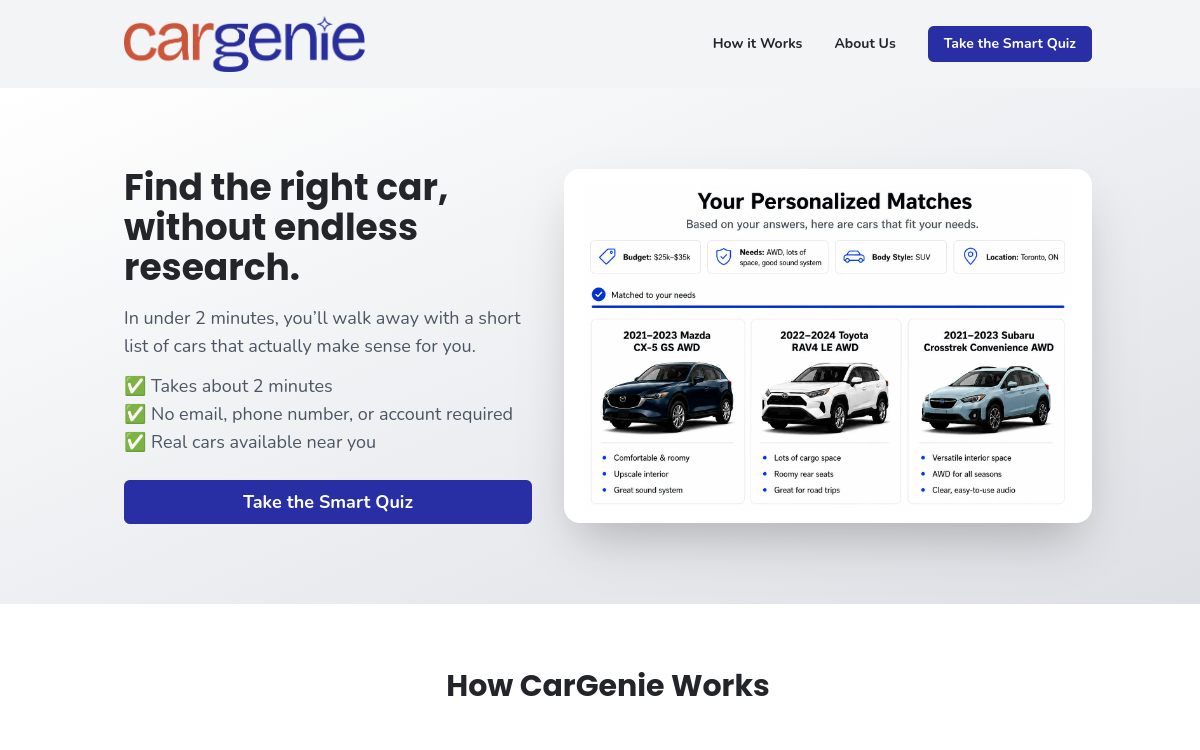 CarGenie website — smart car matching quiz